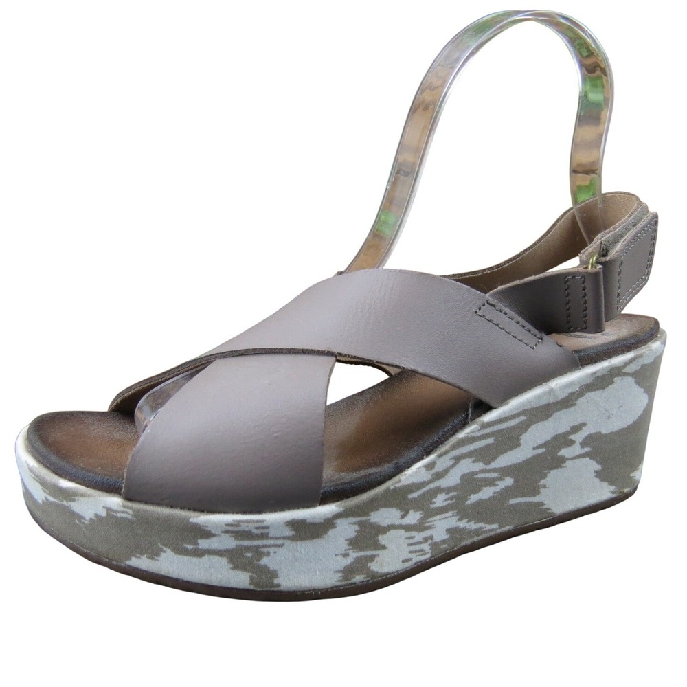 Clarks Stasha‎ Hale Women's 7.5 Taupe Leather Cross Strap Wedge Sandals